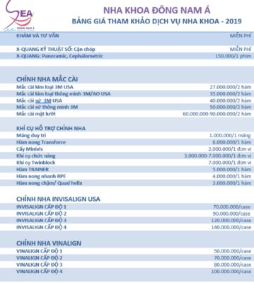 Bảng giá niềng răng nha khoa Đông Nam Á